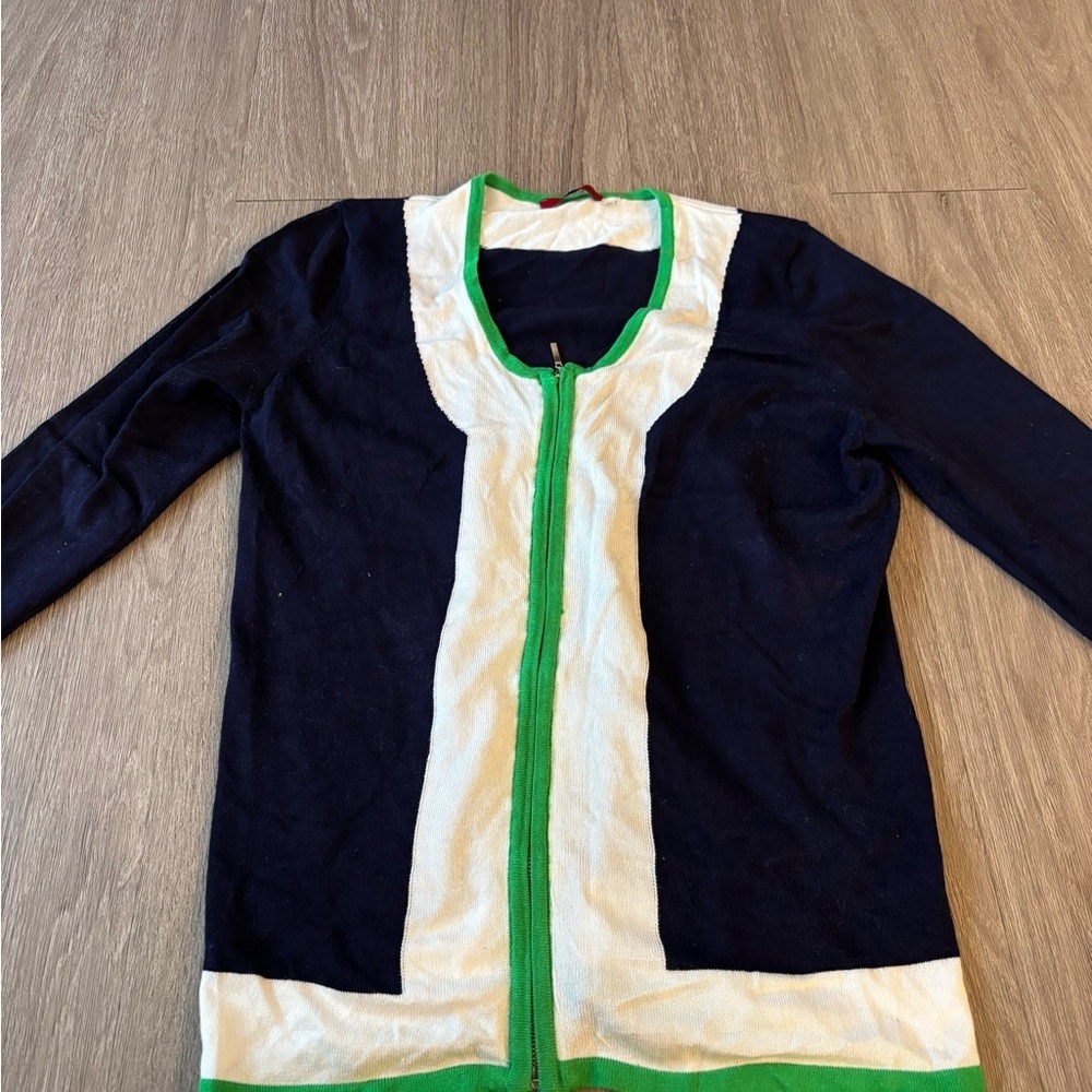 Red Navy and Cream Sweater with Green Trim